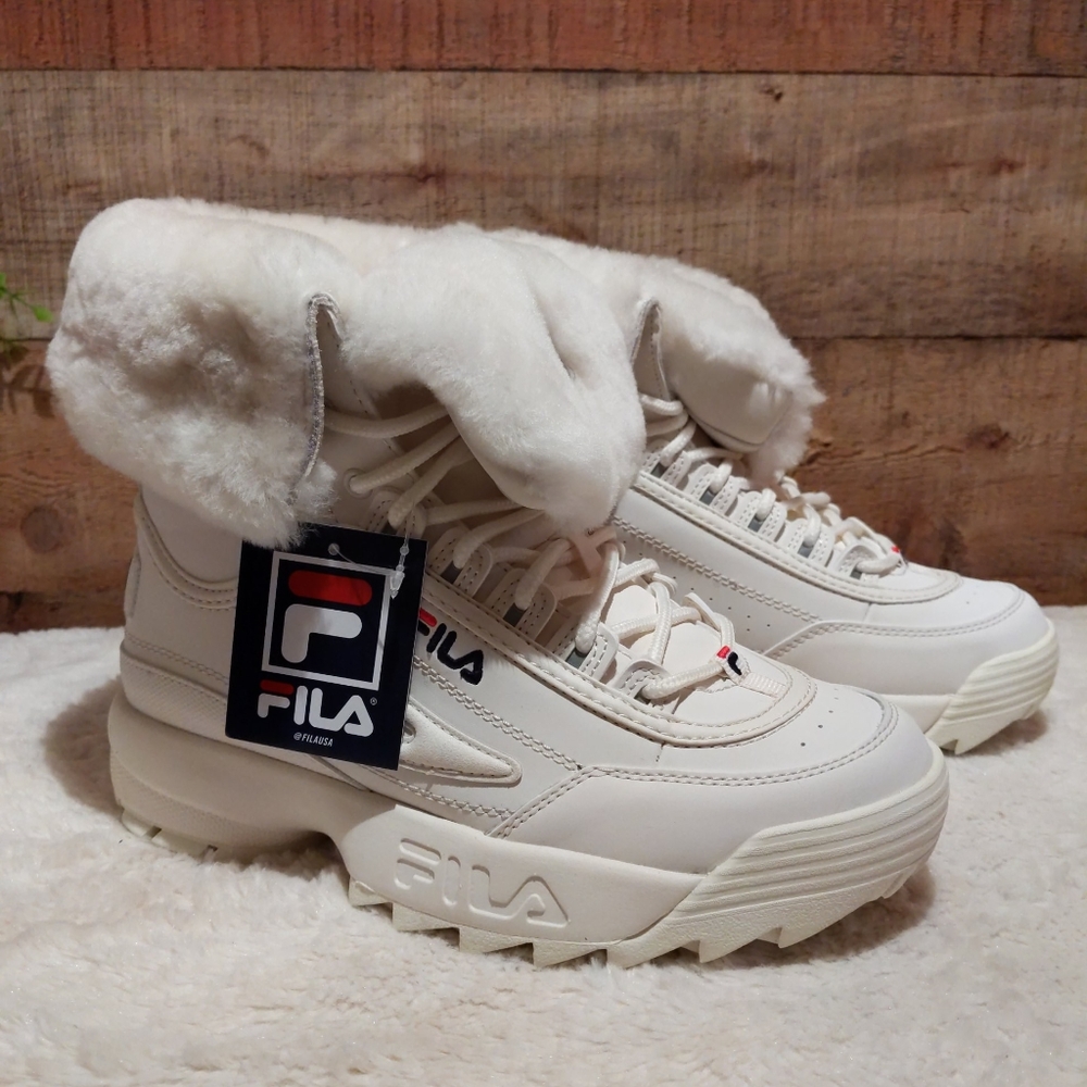 Fila Disruptor White Furry Boots size 8
